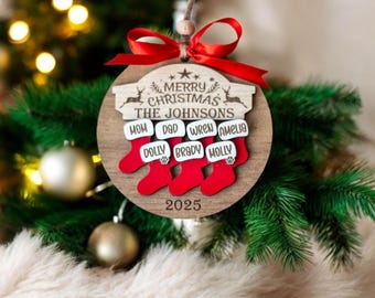 Personalized Family Christmas Ornament 2025: Custom Engraved Wood Stockings