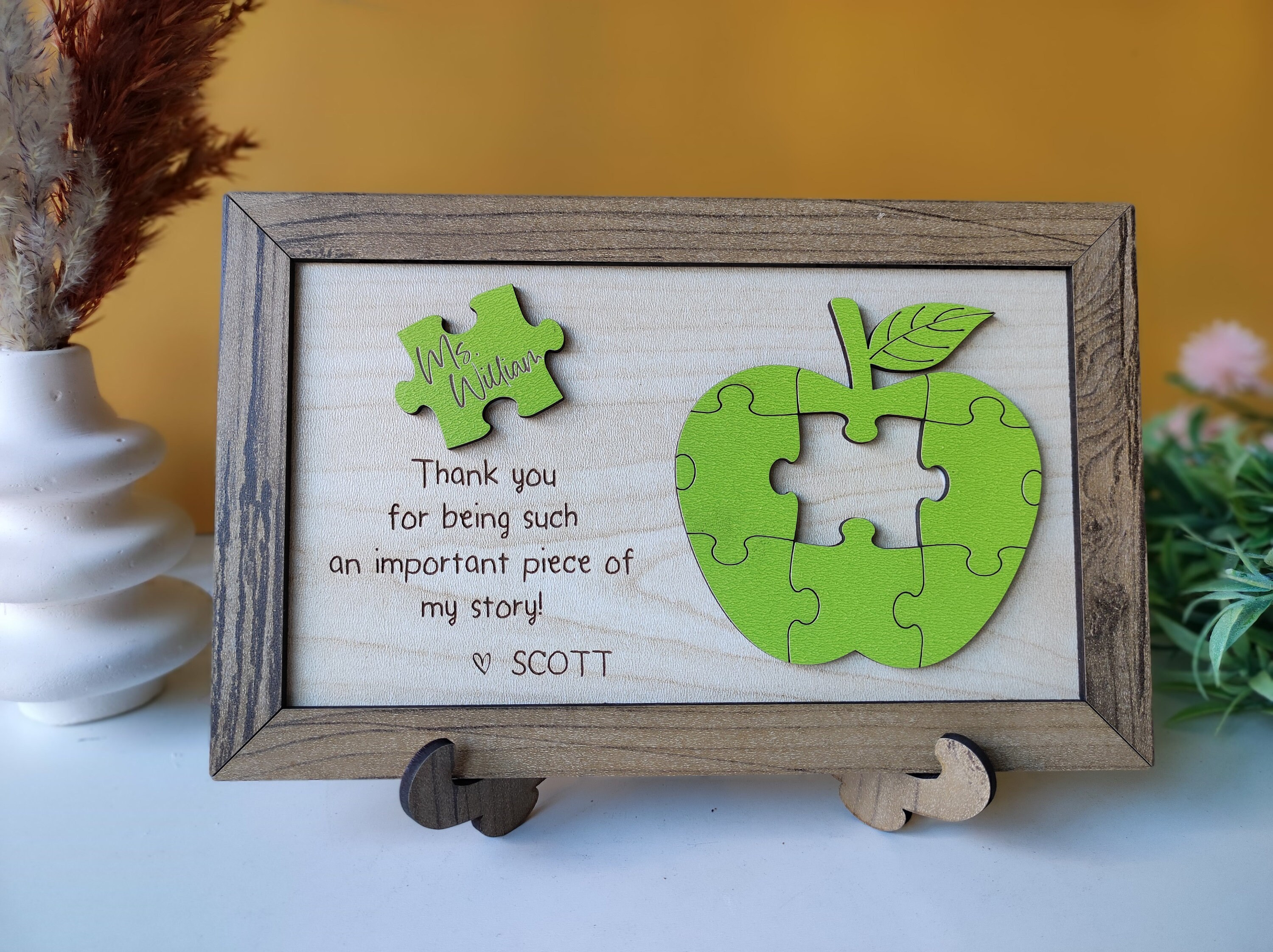 Personalized Wooden Teacher Appreciation Sign: Apple Puzzle Piece Gift ...