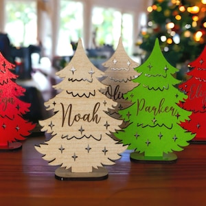 Personalized Christmas Tree Place Card: Engraved Wooden Name Tag
