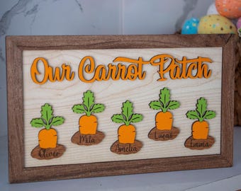 Personalized Wooden Carrot Patch Sign with Custom Kids Names