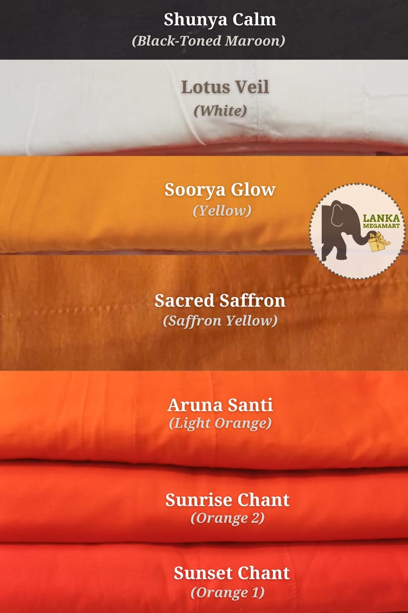 May include: A stack of fabric samples in various colors, including black-toned maroon, white, yellow, saffron yellow, light orange, and two shades of orange. The text on the image identifies each color. A logo with an elephant is visible.