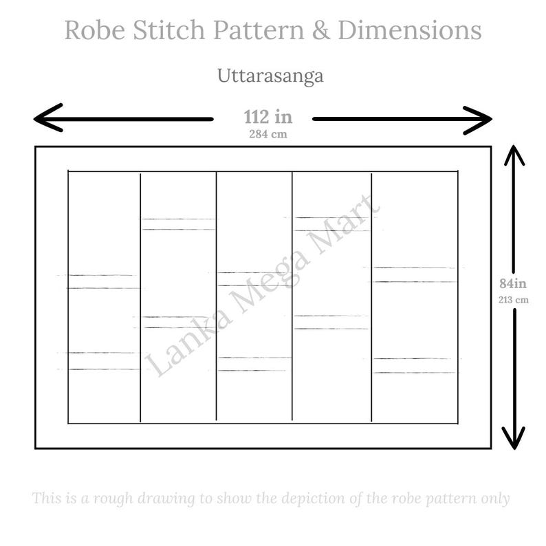 May include: Diagram of a robe stitch pattern with dimensions. The robe is 112 inches (284 cm) wide and 84 inches (213 cm) long. The text "Uttarasanga" is above the diagram. The text "Lanka Mega Mart" is watermarked on the diagram.