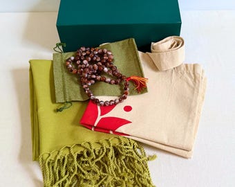 Meditation Gift Set | Linen Meditation Shawl | 108 Mala Bead Chain, Lotus Cotton Tote | Reusable Gift Box