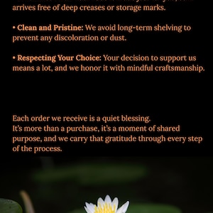 May include: A white water lily with a yellow center floats on green lily pads. The image includes text about robes and shawls, emphasizing freshness, cleanliness, and mindful craftsmanship.