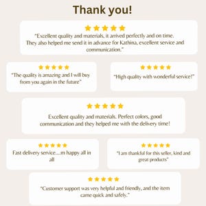 May include: A graphic with customer reviews and a "Thank you!" message. The reviews are in white text on beige speech bubbles, each with a five-star rating. The reviews praise quality, service, and delivery.