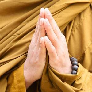 May include: A person wearing a brown robe with their hands clasped in prayer. They are wearing a dark brown beaded bracelet on their wrist.