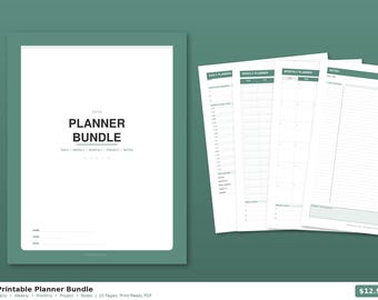 Zestaw planerów do druku w formacie PDF | Planer dzienny, tygodniowy, miesięczny z notatkami projektowymi | Natychmiastowe pobranie