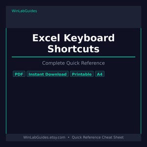 May include: A dark blue digital reference guide titled Excel Keyboard Shortcuts, Complete Quick Reference. It includes labels for PDF, Instant Download, Printable, and A4 format. The text WinLabGuides and the URL WinLabGuides.etsy.com are visible.