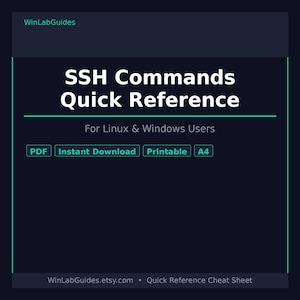 Może przedstawiać: Ciemnoniebieski cyfrowy przewodnik referencyjny zatytułowany SSH Commands Quick Reference for Linux & Windows Users. Dokument zawiera etykiety PDF, Instant Download, Printable oraz A4. Tekst WinLabGuides znajduje się na górze i na dole.