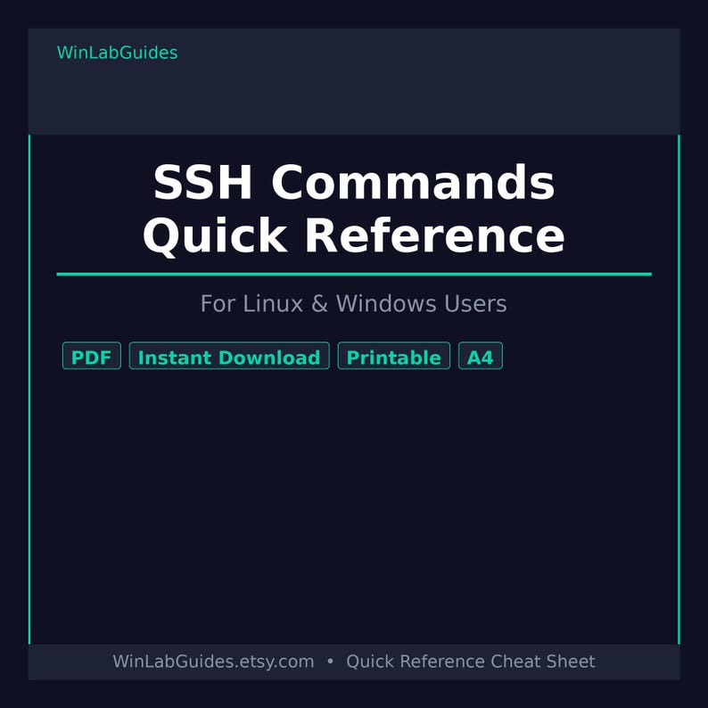 May include: A dark blue digital reference guide titled SSH Commands Quick Reference for Linux & Windows Users. The document includes labels for PDF, Instant Download, Printable, and A4 format. The text WinLabGuides is at the top and bottom.