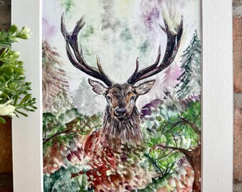 Stag In The Hedgerow Fine Art Mounted Print - Signed by Artist - Gift Print