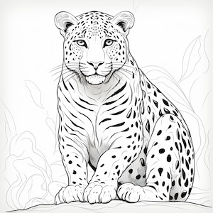 May include: A black and white line drawing of a leopard sitting in a jungle setting. The leopard is facing the viewer with its head held high and its eyes looking directly at the camera. The leopard's fur is detailed with spots and stripes.