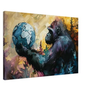 Gorilla Holding World Art Print, Gorilla Canvas Art Print, Gorilla Wall Art, Abstract Gorilla Wall Art