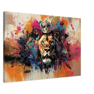 Arte abstrata rei leão, impressão de arte em tela de leão, impressão de arte abstrata de leão vestindo coroa, arte de parede de leão