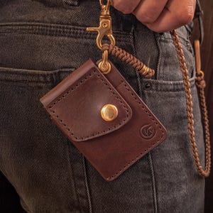 Portafoglio minimalista in pelle EDC con catena - Portafoglio sottile con portachiavi da tasca frontale - Portafoglio da motociclista - Porta carte fatto a mano per lui - Portafoglio da uomo