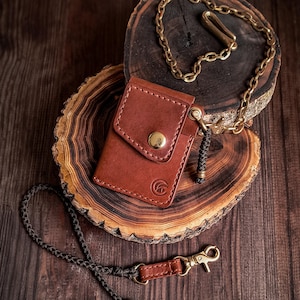 Cartera delgada con cadena - Cartera de bolsillo frontal - Cartera de cuero encerado hecha a mano - Cartera de motociclista, Cartera de camionero - Cartera EDC - Cartera de hombre