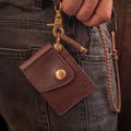 Leather minimalist wallet with chain - Front pocket keychain wallet - Slim handmade wallet