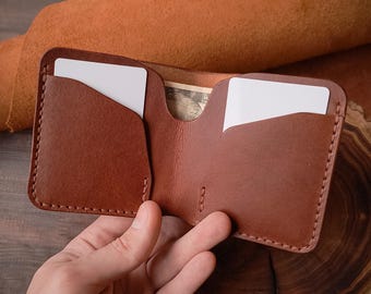 Portafoglio bifold minimalista in pelle - Portafoglio sottile fatto a mano per contanti e carte - Portafoglio da uomo