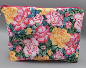 Handmade Makeup Bag: Pink & Yellow Roses Zipper Pouch