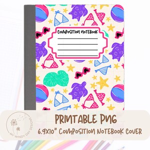 May include: Composition notebook cover featuring a beach-themed pattern with bikinis, sunglasses, turtles, and beach balls. The notebook cover is 6.9 x 10 inches and has a label that says "Composition Notebook".