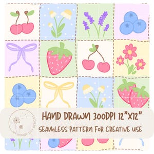 May include: A seamless pattern featuring hand-drawn illustrations of fruits, flowers, and bows on a grid. The design includes cherries, strawberries, blueberries, daisies, and lavender. The text "HAND DRAWN 300DPI 12"X12" SEAMLESS PATTERN FOR CREATIVE USE" is also included.