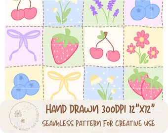 Strawberry Preppy Patchwork Hand Drawn Seamless Pattern, Floral Coquette Bow Cottagecore Digital Download, Blueberry Cherry Botanical Pastel