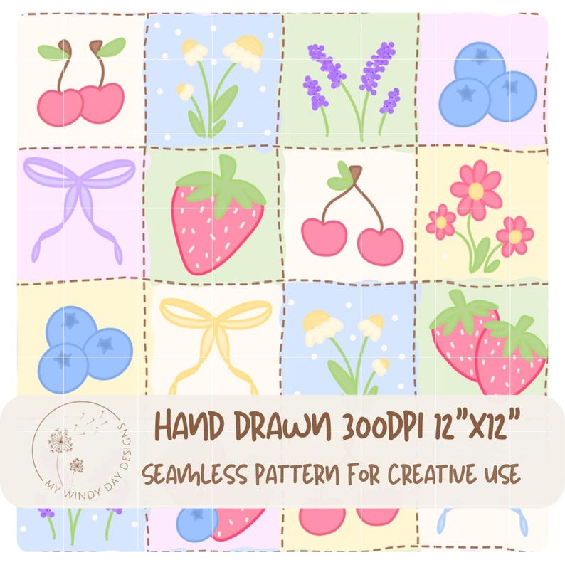 May include: A seamless pattern featuring hand-drawn illustrations of fruits, flowers, and bows on a grid. The design includes cherries, strawberries, blueberries, daisies, and lavender. The text "HAND DRAWN 300DPI 12"X12" SEAMLESS PATTERN FOR CREATIVE USE" is also included.