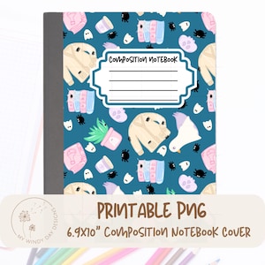 May include: Composition notebook cover with a teal background and a repeating pattern of ghosts, sweaters, books, and potted plants. The cover includes the text "Composition Notebook" and the dimensions 17.5 x 25.4 cm.