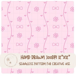 Puede incluir: Un patrón sin costuras con un fondo rosa claro, con un diseño de cuadrícula. El patrón incluye lazos, flores y corazones rosas. El texto dice "HAND DRAWN 300DPI 12"X12" SEAMLESS PATTERN FOR CREATIVE USE."