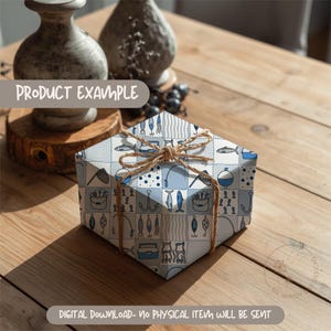 May include: A hexagonal gift box wrapped in patterned paper featuring fishing-themed illustrations in shades of blue and white. The box is tied with twine, and the text "PRODUCT EXAMPLE" is visible. The text "DIGITAL DOWNLOAD - NO PHYSICAL ITEM WILL BE SENT" is also visible.