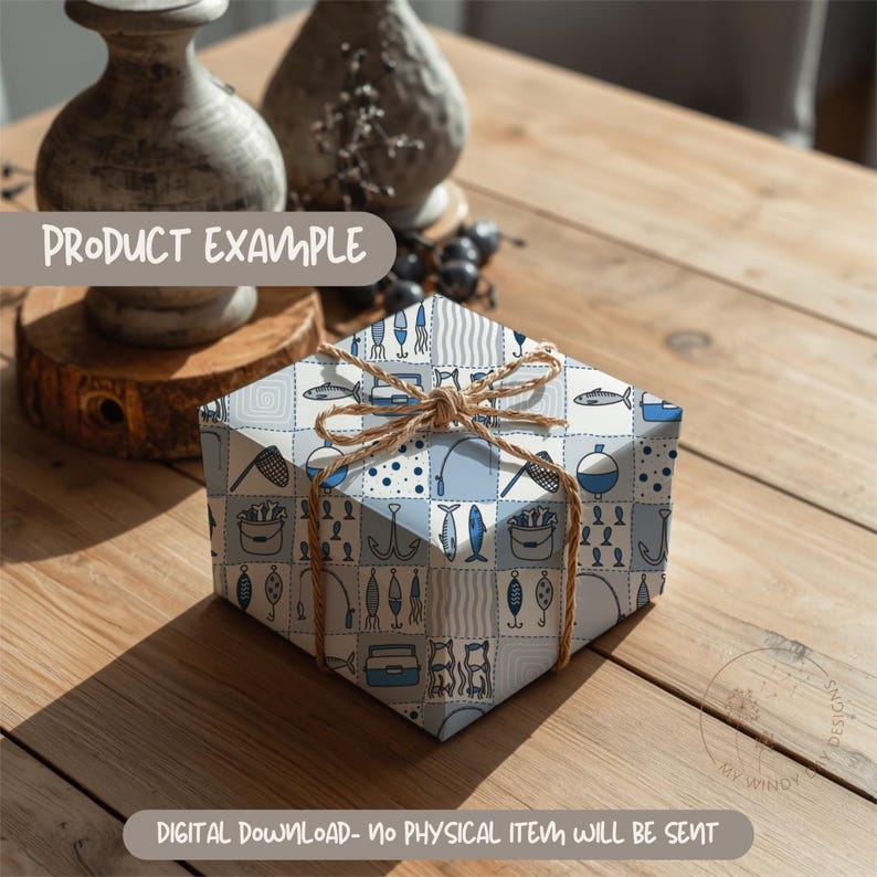 May include: A hexagonal gift box wrapped in patterned paper featuring fishing-themed illustrations in shades of blue and white. The box is tied with twine, and the text "PRODUCT EXAMPLE" is visible. The text "DIGITAL DOWNLOAD - NO PHYSICAL ITEM WILL BE SENT" is also visible.