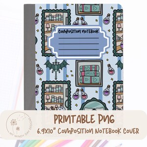 May include: A composition notebook cover featuring a light blue background with vertical stripes and a repeating pattern of bookshelves, potion bottles, and dragons. A central label with the text COMPOSITION NOTEBOOK and lines for writing is included.