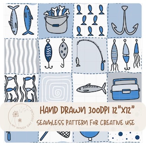 Puede incluir: Un patrón sin costuras dibujado a mano con ilustraciones relacionadas con la pesca en azul y gris. El diseño incluye peces, anzuelos, una caña de pescar y una caja de aparejos. También está presente el texto "HAND DRAWN 300DPI 12"X12" SEAMLESS PATTERN FOR CREATIVE USE".