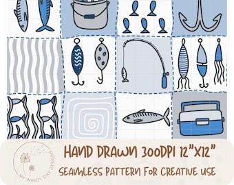 Fishing Patchwork Seamless Pattern,Hand Drawn Fish & Lures,Vintage Coastal Blue Repeat,Nautical Fabric Design,Digital Download,Retro Sardine