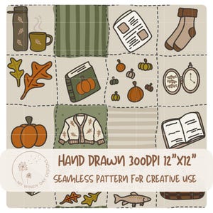 Grandpacore Herbst Handgezeichnetes Nahtloses Muster, Gemütliche Cottagecore Kürbis Kürbisse, Regenbogenforelle, Bücherwurm Patchwork, Herbstblätter, Kommerzielle Lizenz