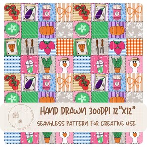 Puede incluir: Un patrón digital continuo con una cuadrícula de ilustraciones coloridas que incluyen tomates, berenjenas, calabazas, fresas, zanahorias, herramientas de jardín, plantas, ocas y bebidas. Texto: HAND DRAWN 300DPI 12"X12" SEAMLESS PATTERN FOR CREATIVE USE.