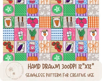 Vegetable Garden Patchwork HandDrawn Seamless Pattern,Silly Goose, Cottagecore Strawberry Jam,Preppy Matcha Bowl,Coquette Commercial license
