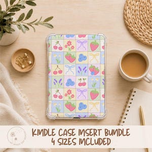 Lapptäcke jordgubbsblomma Kindle-insats, körsbär, lavendel handritad, blåbär, prästkrage, kokett, flickigt, 300 DPI PNG & PDF, kommersiell licens