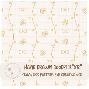 Puede incluir: Patrón sin costuras de color crema con un diseño de cuadrícula, con elementos repetidos de lazos, flores y corazones en un tono dorado cálido. El texto dice "Hand Drawn 300DPI 12"X12" Seamless Pattern for Creative Use."