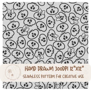 May include: A seamless pattern featuring a repeating design of black skulls on a light gray background. Some skulls have bow accents. The text "HAND DRAWN 300DPI 12"X12" SEAMLESS PATTERN FOR CREATIVE USE" is at the bottom. This design is suitable for various creative projects.