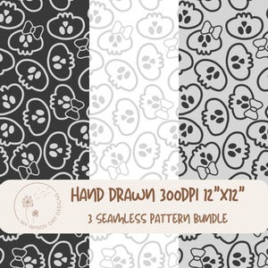 Paquete de 3 patrones sin costuras de calaveras de Halloween, fondo Summerween Coquette Bow, papel digital October Goth Girly, patrón minimalista de esqueletos con repetición