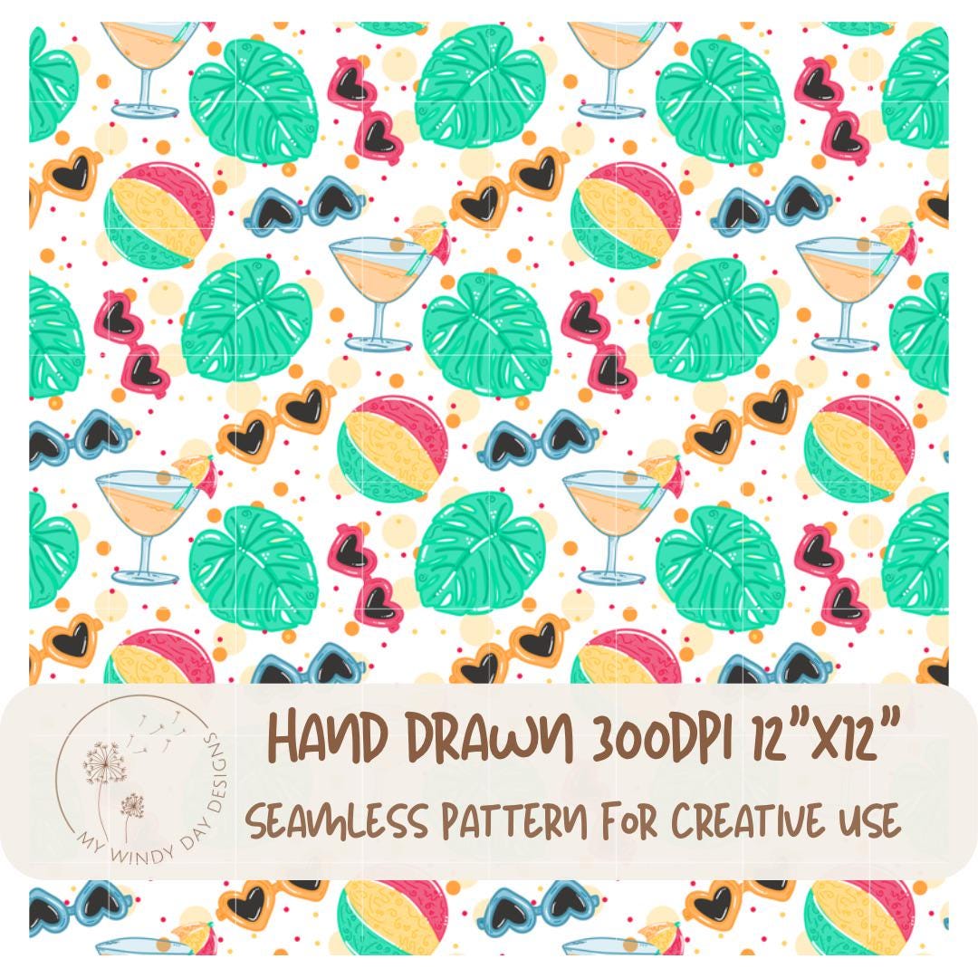 Girly Beach Vacation Hand Drawn Seamless Pattern,trendy Bright Summer ...