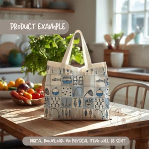 May include: A light-colored tote bag with a repeating pattern of fishing-related illustrations in blue and white. The bag has a rectangular shape with a square pattern and two handles. Text on the bag reads "PRODUCT EXAMPLE" and "DIGITAL DOWNLOAD - NO PHYSICAL ITEM WILL BE SENT."