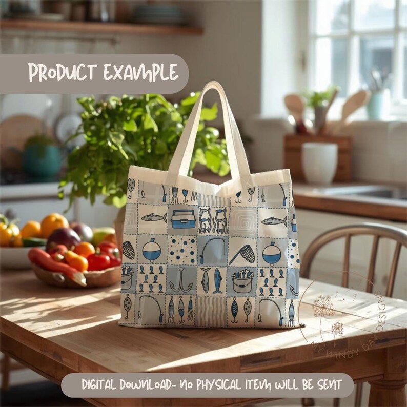 May include: A light-colored tote bag with a repeating pattern of fishing-related illustrations in blue and white. The bag has a rectangular shape with a square pattern and two handles. Text on the bag reads "PRODUCT EXAMPLE" and "DIGITAL DOWNLOAD - NO PHYSICAL ITEM WILL BE SENT."