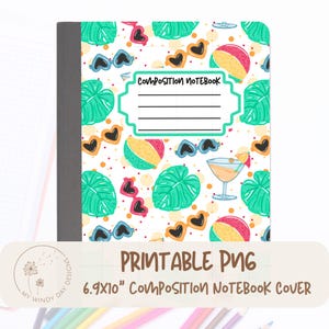 Girly Beach Day Composition Notebook Cover PNG, Printable Instant Download,Back To School Journal, Summer Vacation Book Gift,Pool Side Vibes