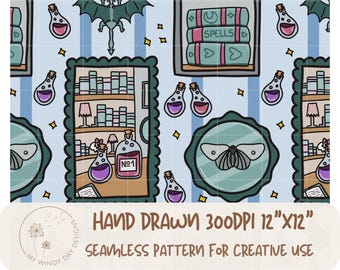 Potion Bottle Seamless Pattern, Spell book Hand Drawn Seamless Pattern, Witchy Things, Fantasy Dragon, Whimsigoth Decor, Moth Wings, PNG