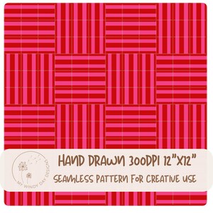 Puede incluir: Un patrón sin costuras con un diseño repetitivo de rectángulos y rayas verticales rojas y rosas. El texto "HAND DRAWN 300DPI 12"X12" SEAMLESS PATTERN FOR CREATIVE USE" se muestra en una pancarta blanca en la parte inferior de la imagen.