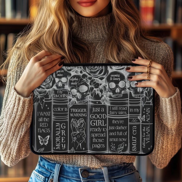 Moralnie szare, gotyckie czaszki, ostrzeżenie o sprośności, etui na laptopa dla studentów, ukończenie studiów technicznych, prezent dla sprośnego czytelnika książek