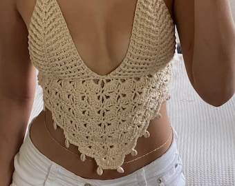 Handmade Crochet Shell Bralette Top | Cowrie Shell Backless Top