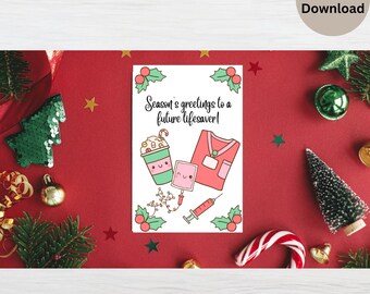 Tarjeta navideña con saludos de temporada para un futuro salvavidas